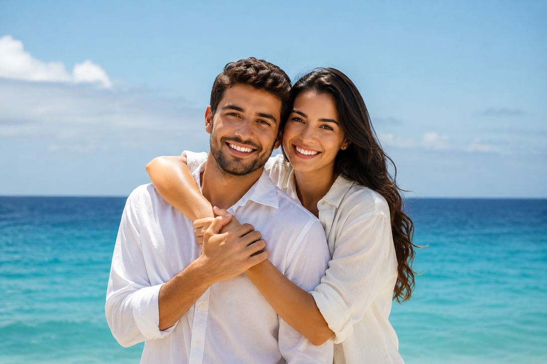 Smiling couple embracing on a sunny beach, enjoying a happy romantic moment with the blue ocean in the background, symbolizing love, trust, and a strong healthy relationship.