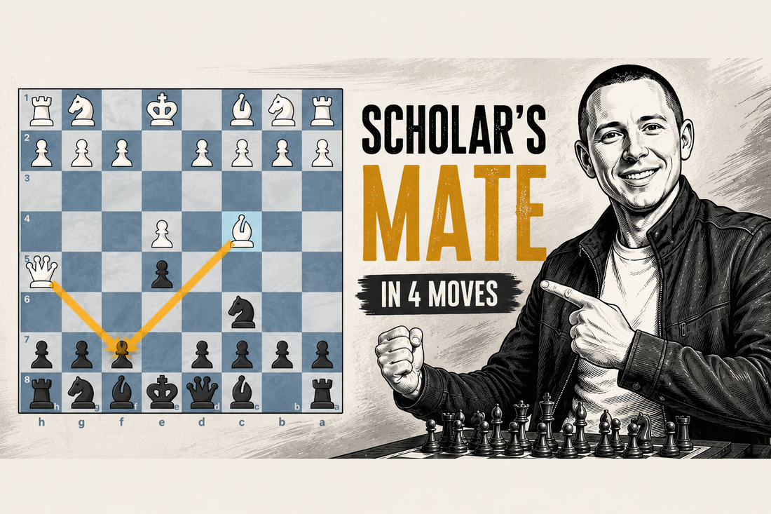 Scholar's Mate in 4 Moves chess tutorial with a visual checkmate sequence, chessboard, and beginner-friendly chess strategy illustration.