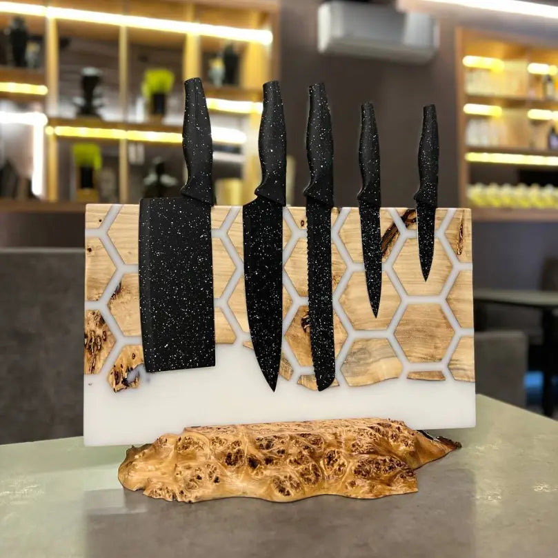 Magnetic knife holder with poplar burl and white epoxy resin