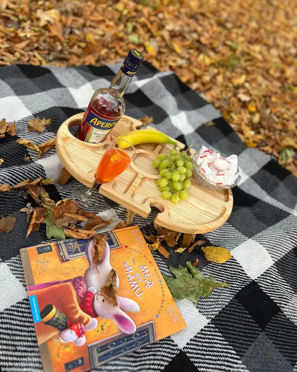 Wooden picnic wine table on a blanket in autumn park with Aperol bottle, glass, grapes, banana, sweets, and a children's book.