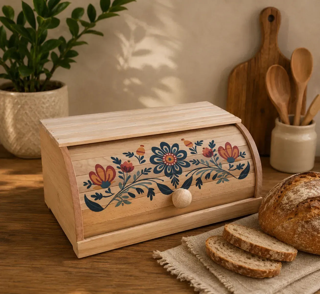 Handmade Wooden Bread Box with Decorative Floral Design