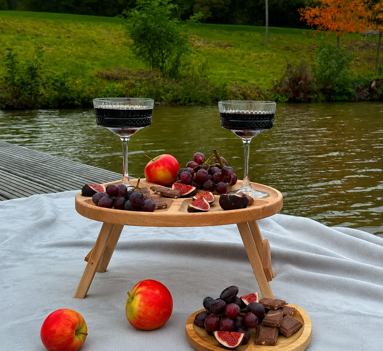Wooden picnic wine table on a blanket in autumn park with Aperol bottle, glass, grapes, banana, sweets, and a children's book.