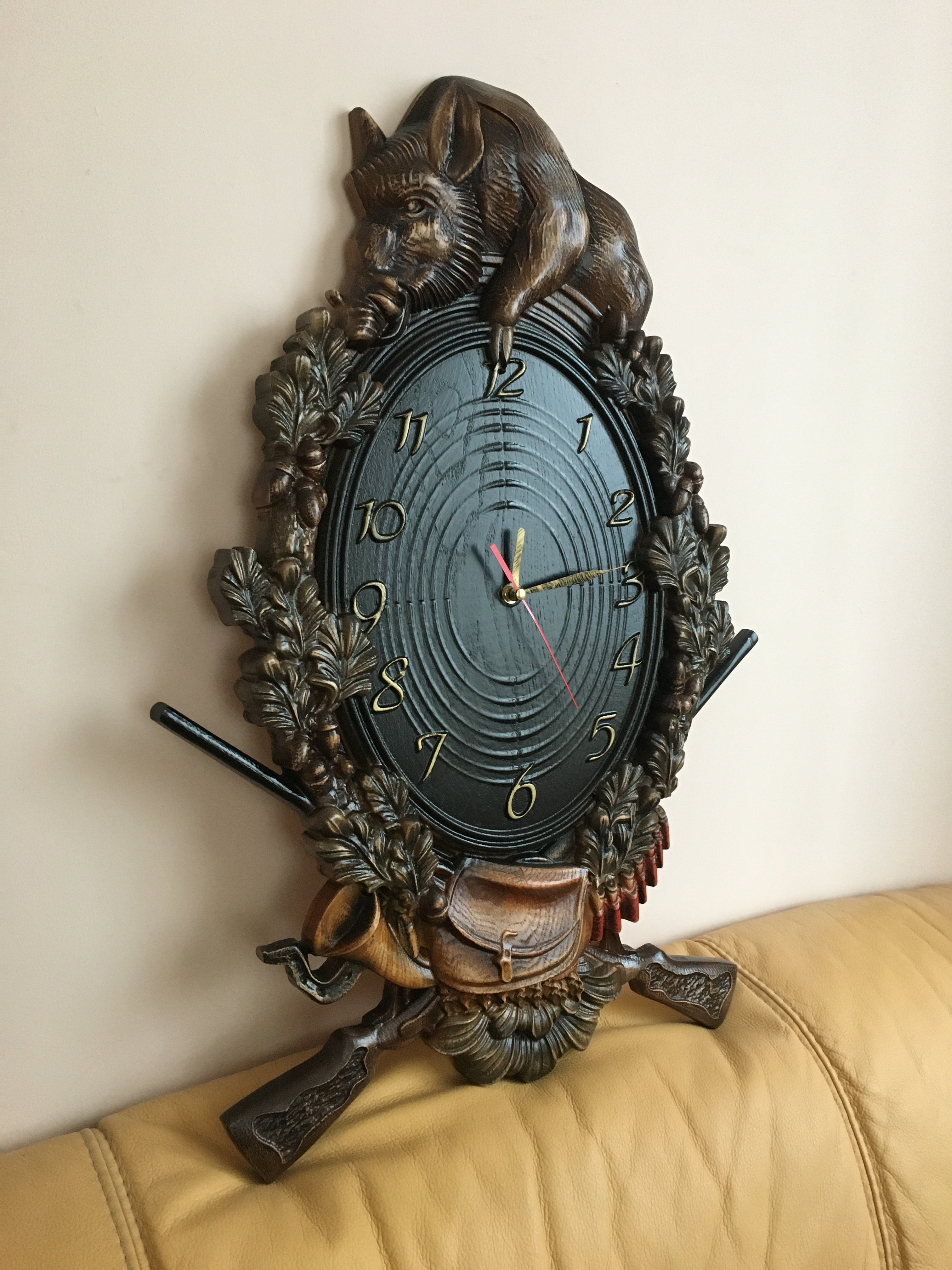 Hand carved wooden wall clock with wild boar figure, premium hunting wall art