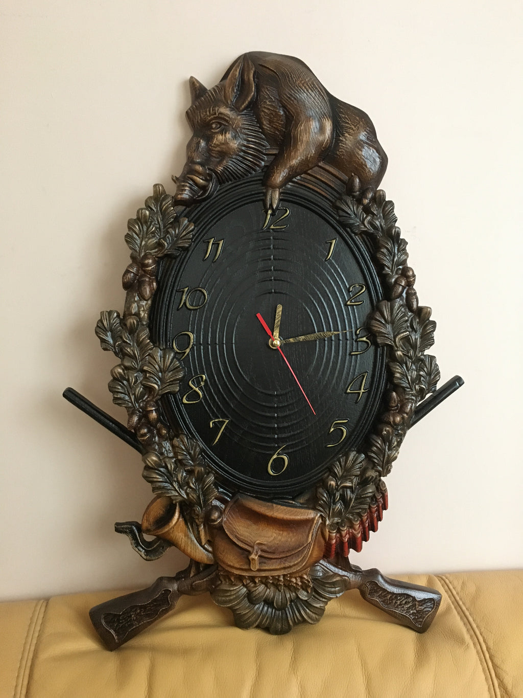 Handcrafted ash wood wall clock with wild boar carving, hunting themed wooden wall art
