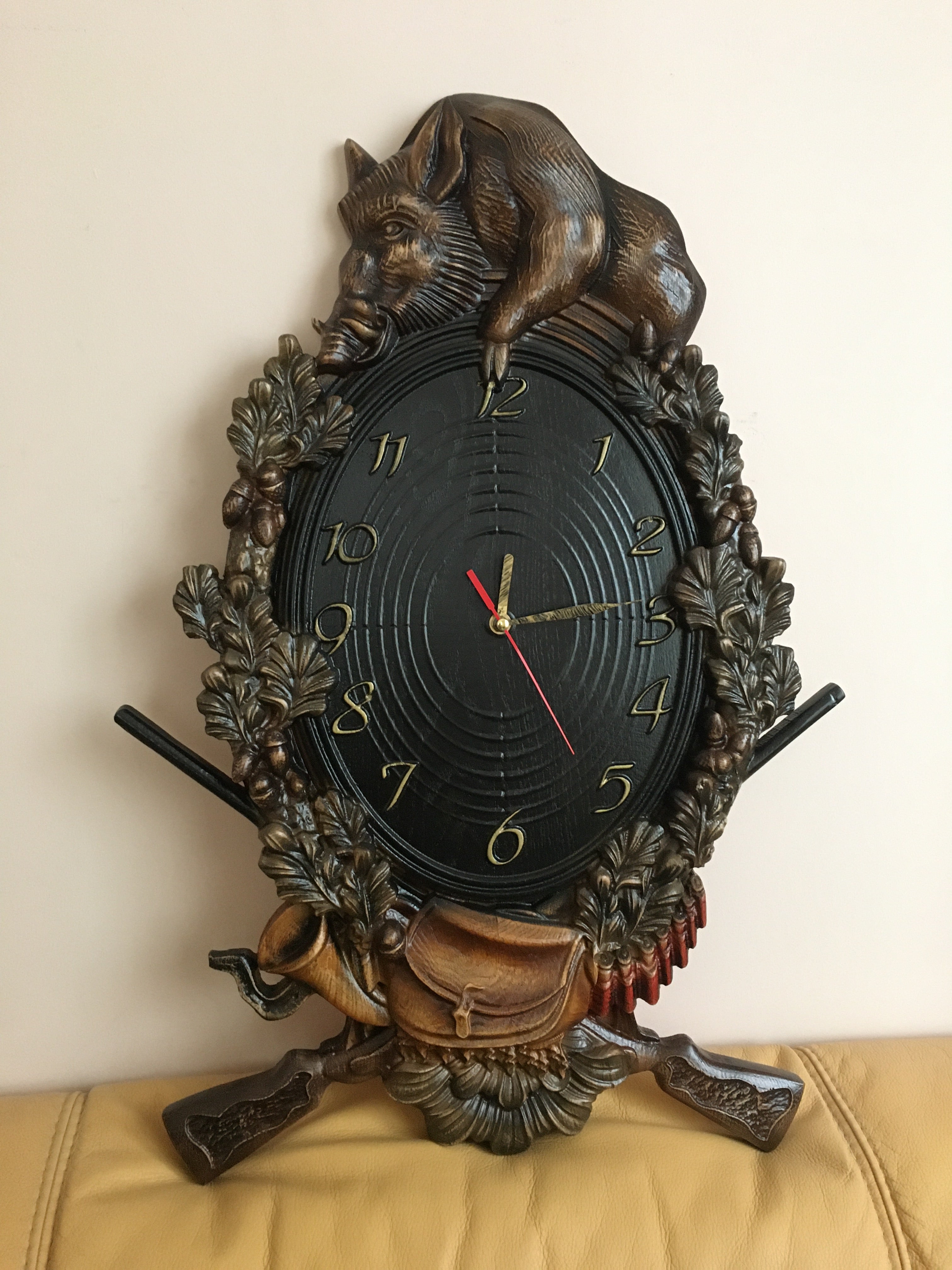 Handcrafted ash wood wall clock with wild boar carving, hunting themed wooden wall art