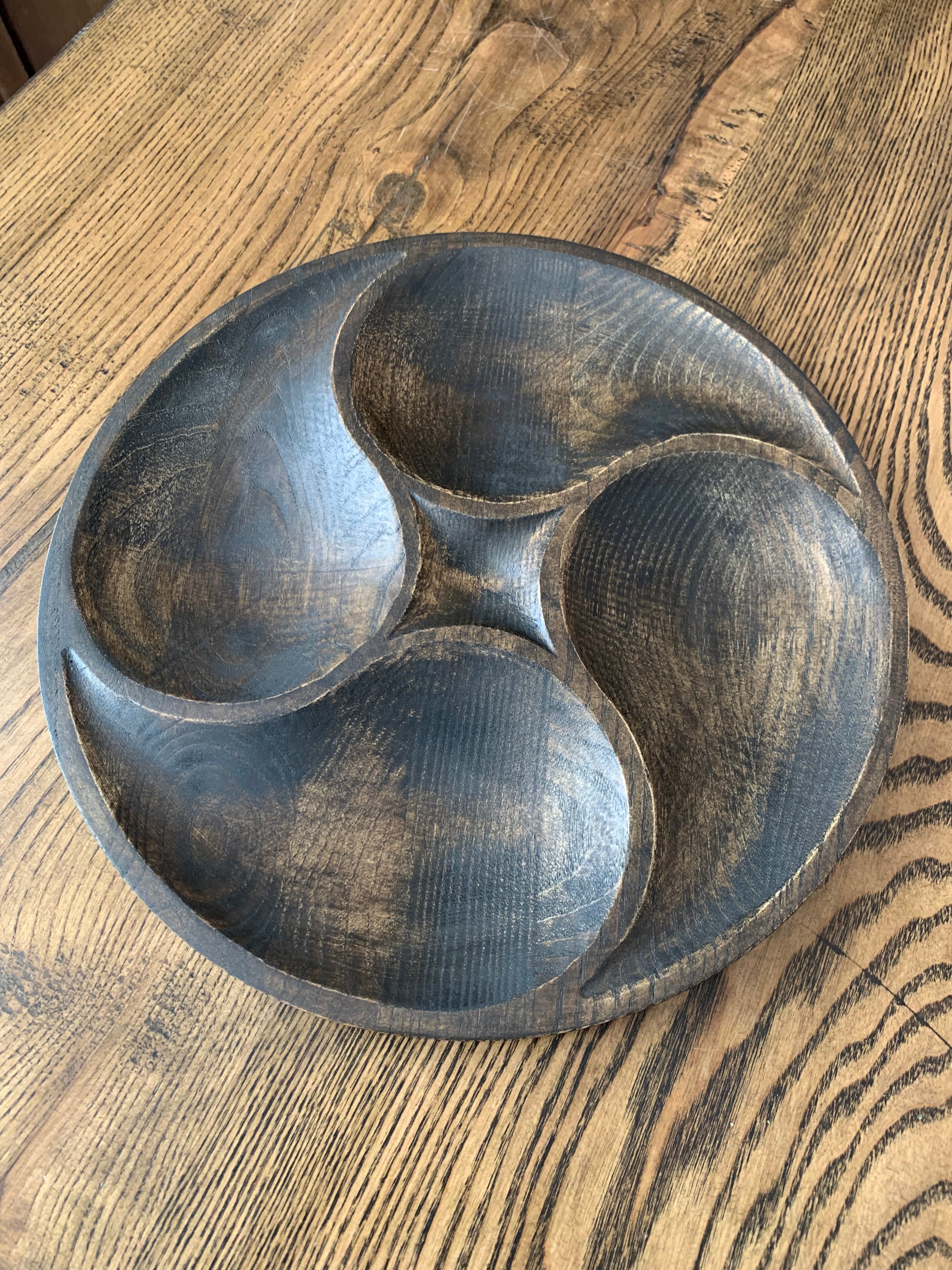 Handmade dark ash wood serving platter with curved divided sections