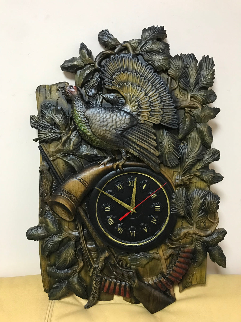 Handcrafted wooden wall clock with carved capercaillie bird, hunting themed ash wood wall art clock