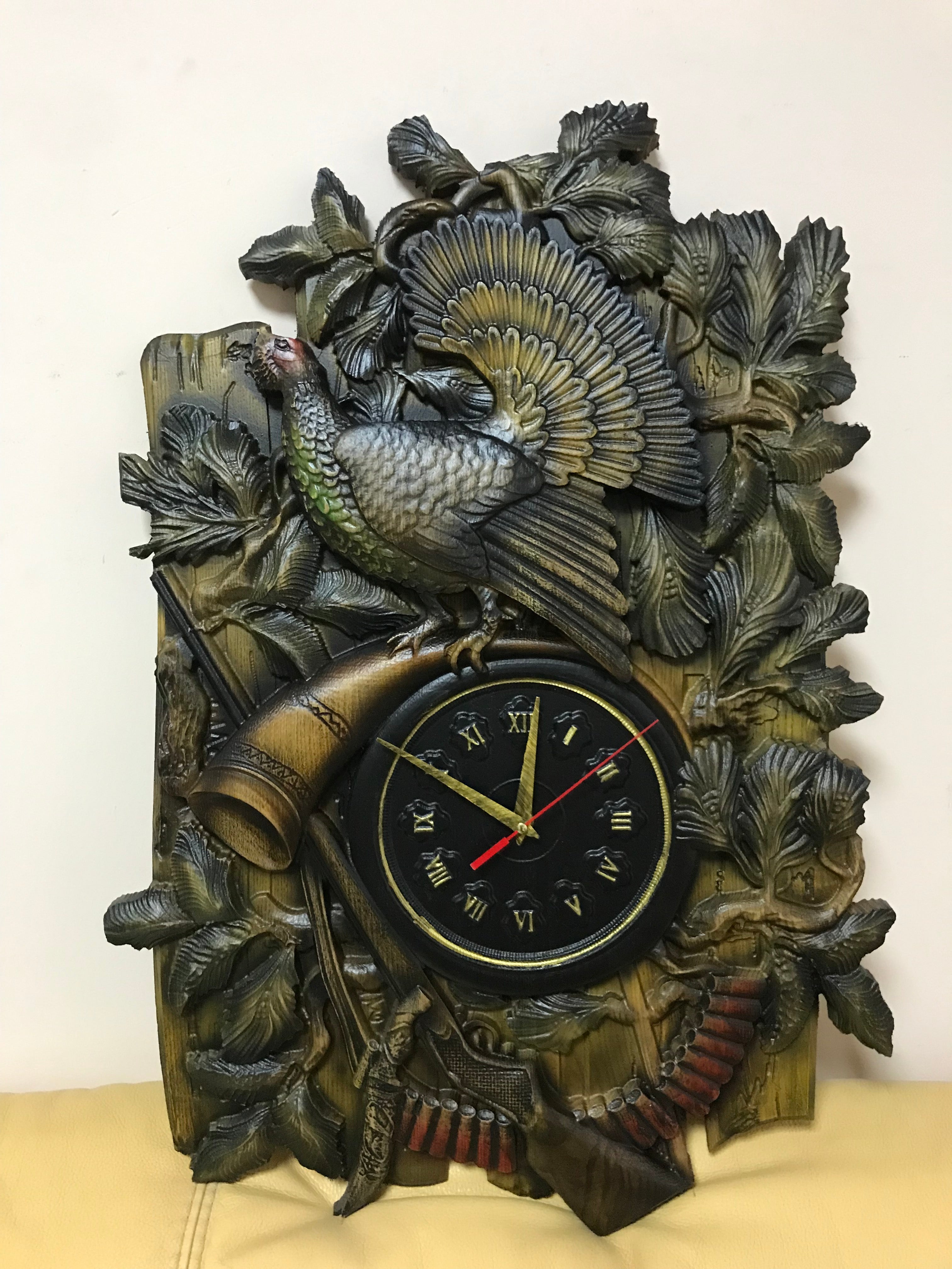 Handcrafted wooden wall clock with carved capercaillie bird, hunting themed ash wood wall art clock
