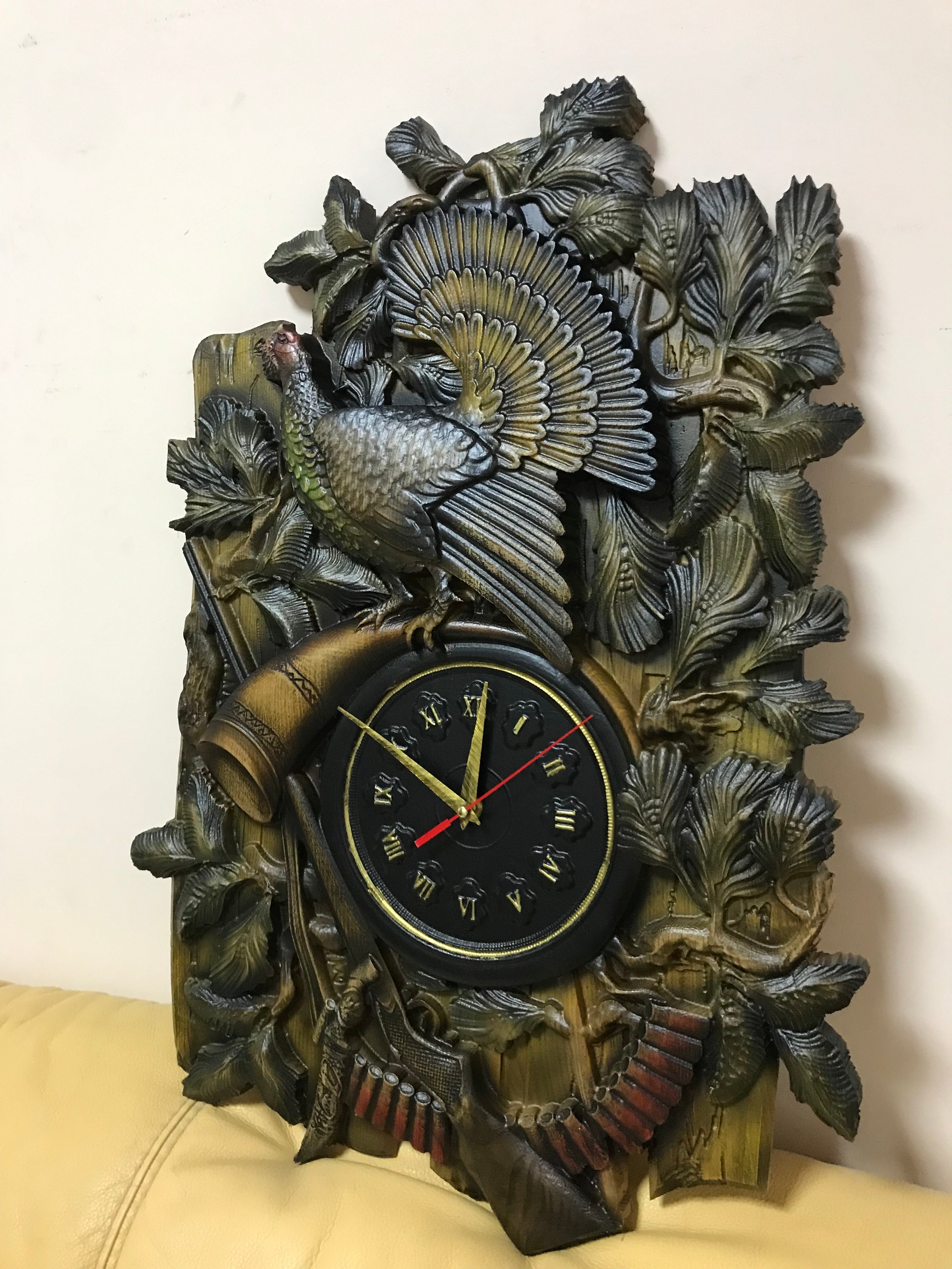Large carved wooden wall clock with bird and hunting elements, ash wood rustic wall art