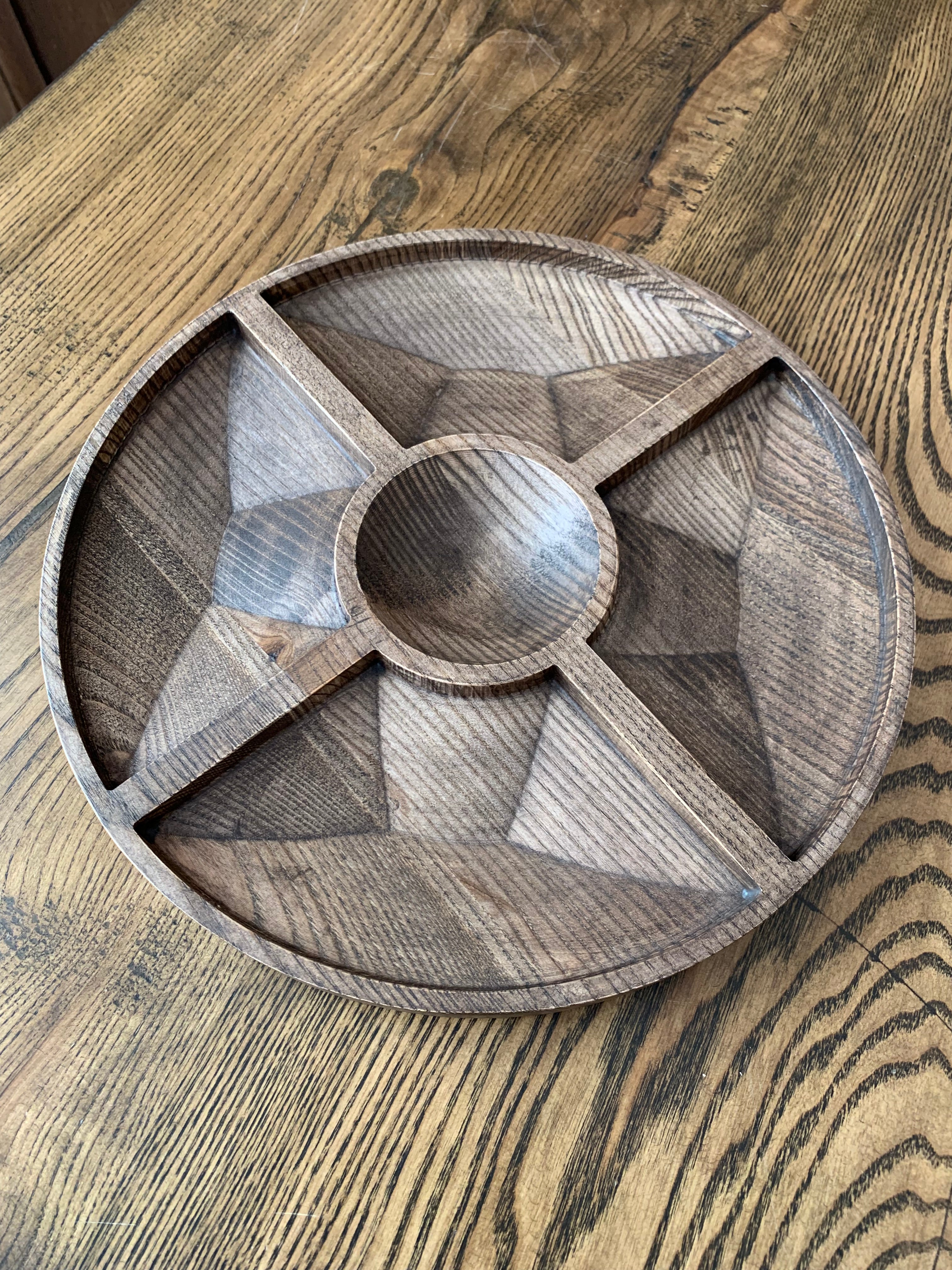 Handcrafted ash wood serving platter with divided sections, round wooden snack tray