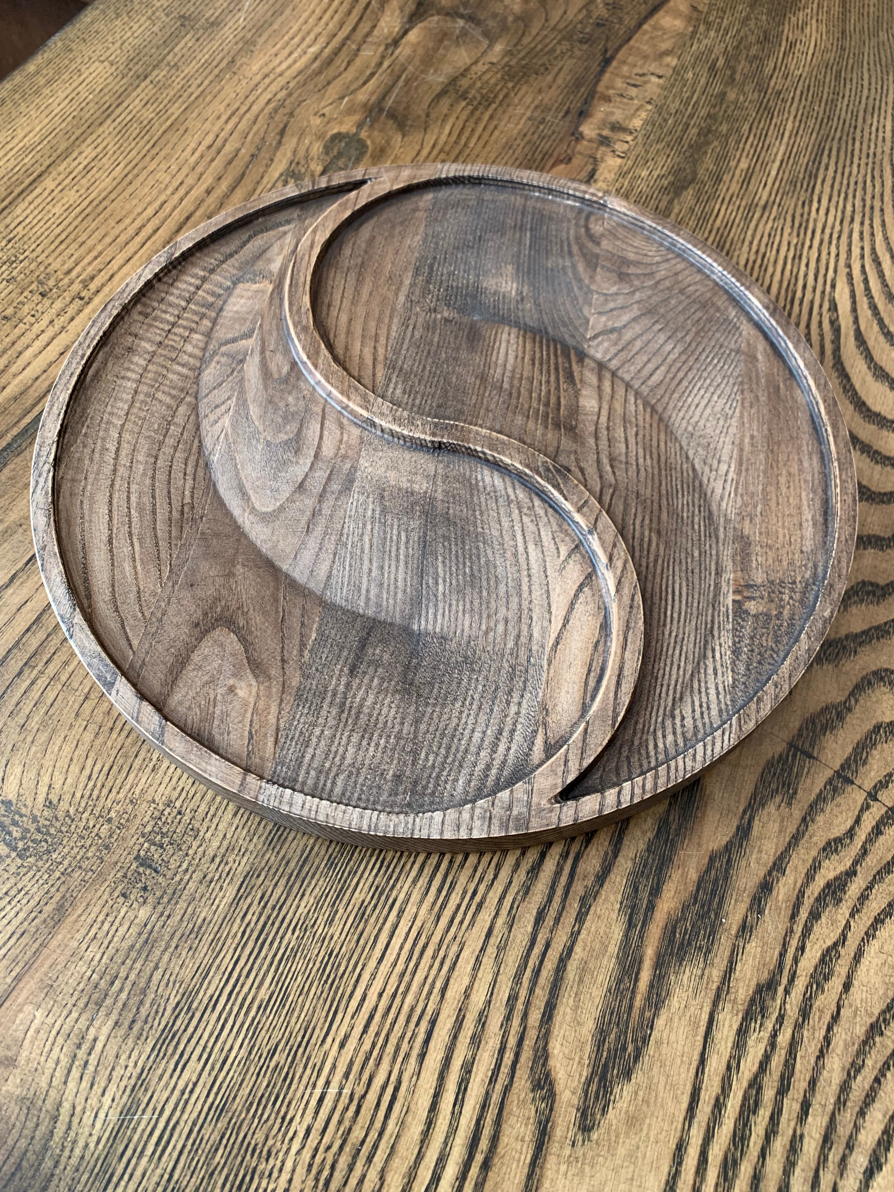 Handcrafted ash wood serving platter with yin yang divider, round wooden tray