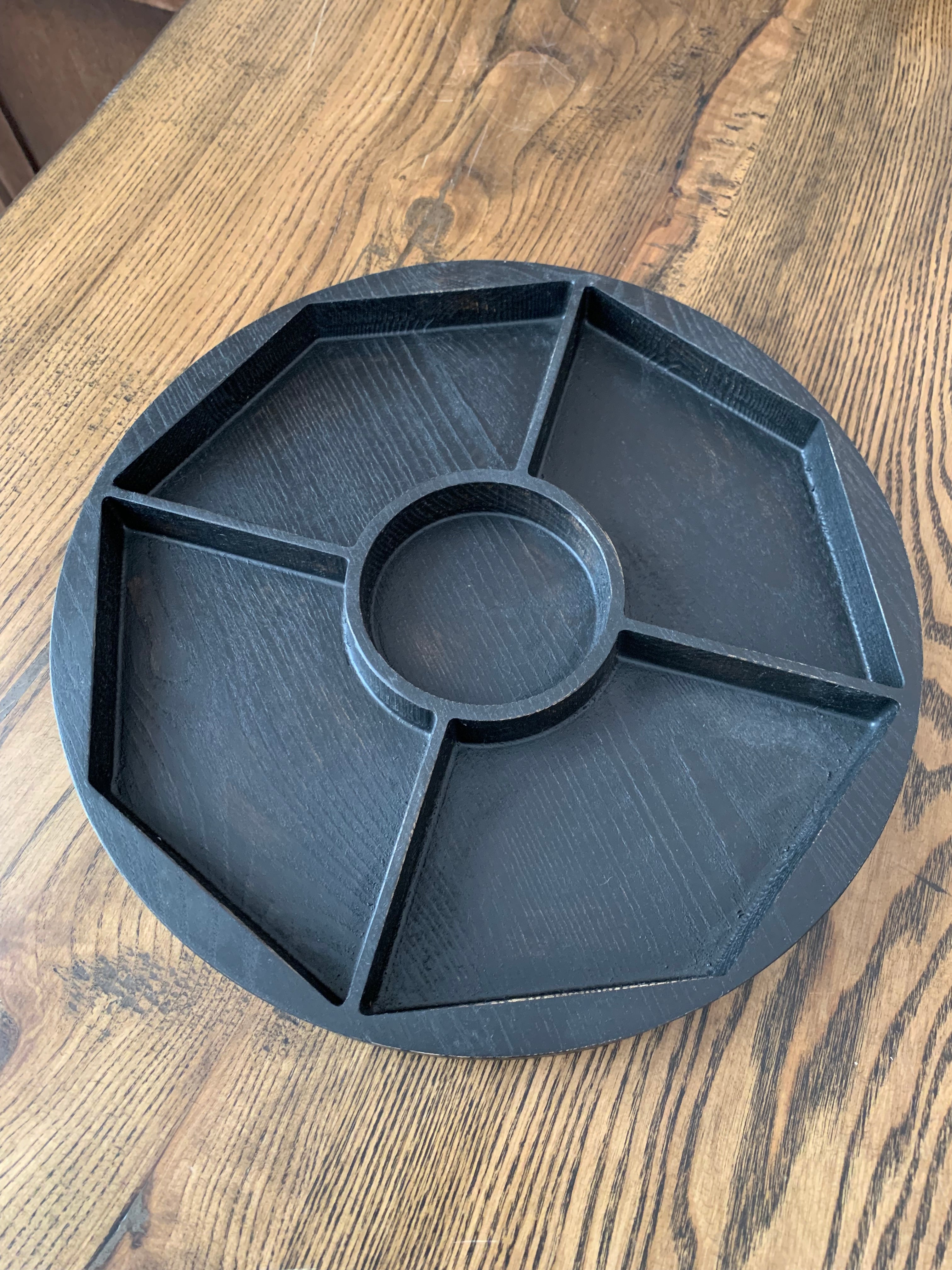 Black ash wood serving platter with center dip bowl and divided compartments