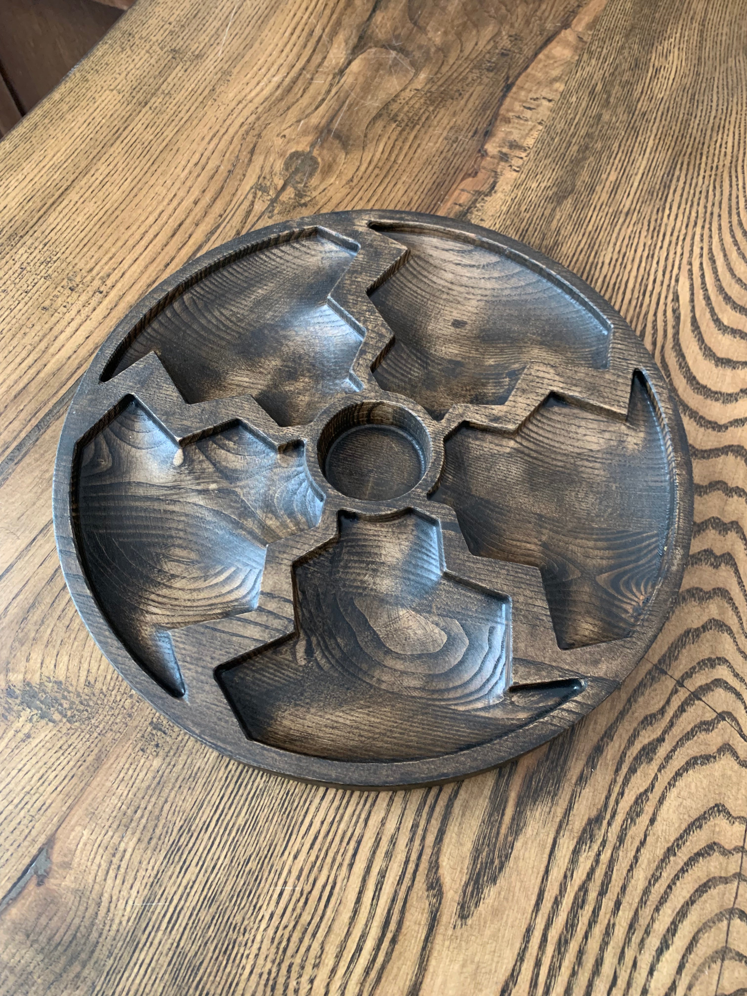 Handcrafted ash wood serving platter with center dip bowl, divided wooden tray