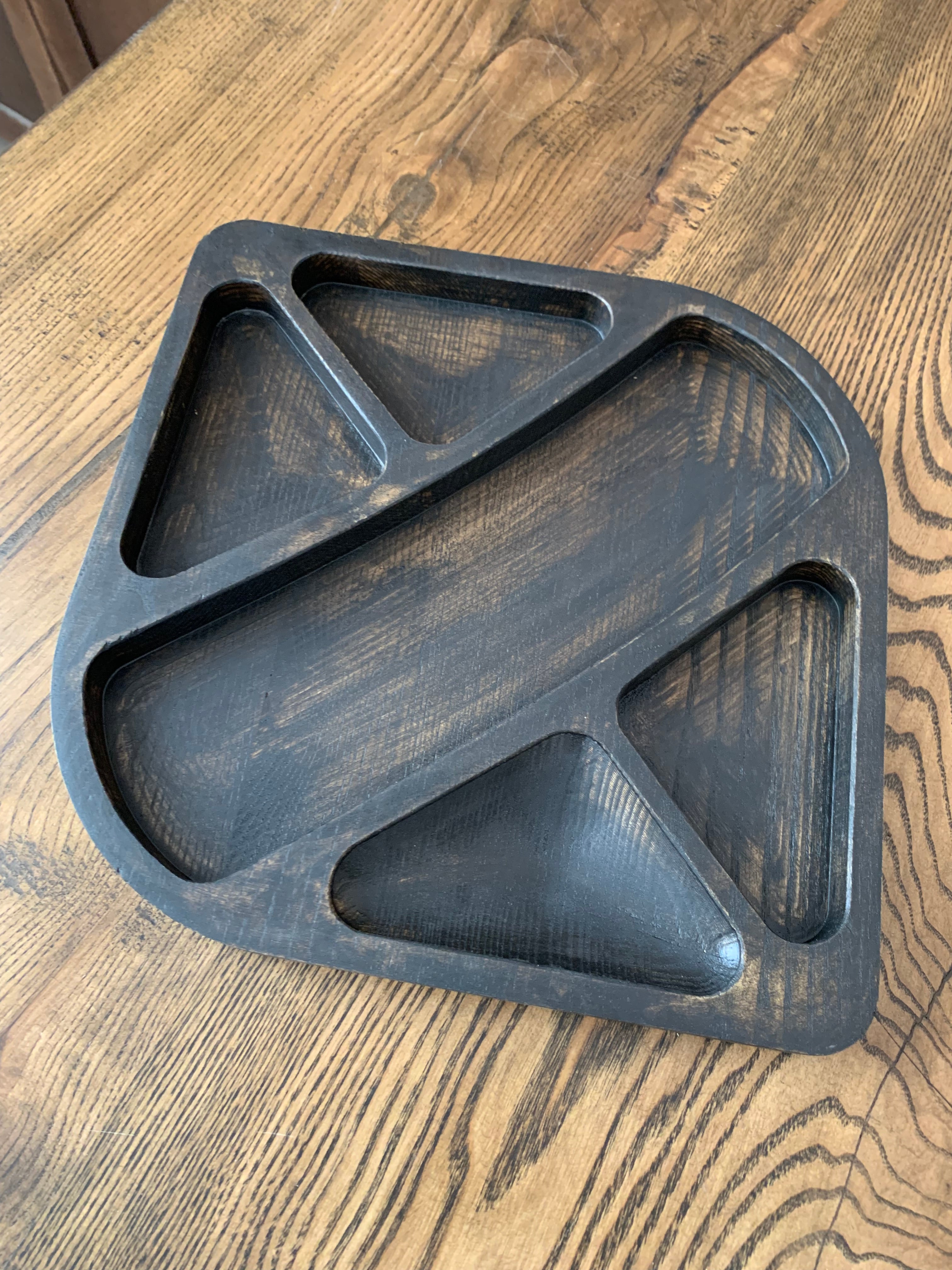 Handcrafted ash wood serving platter with multiple compartments, geometric wooden tray