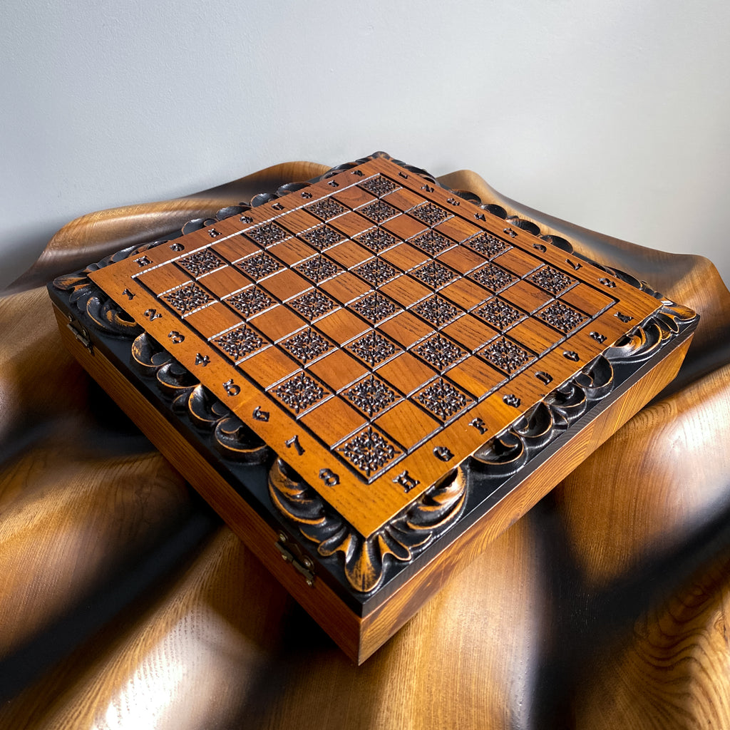 Closed wooden chess board with lion carving, handmade ash wood