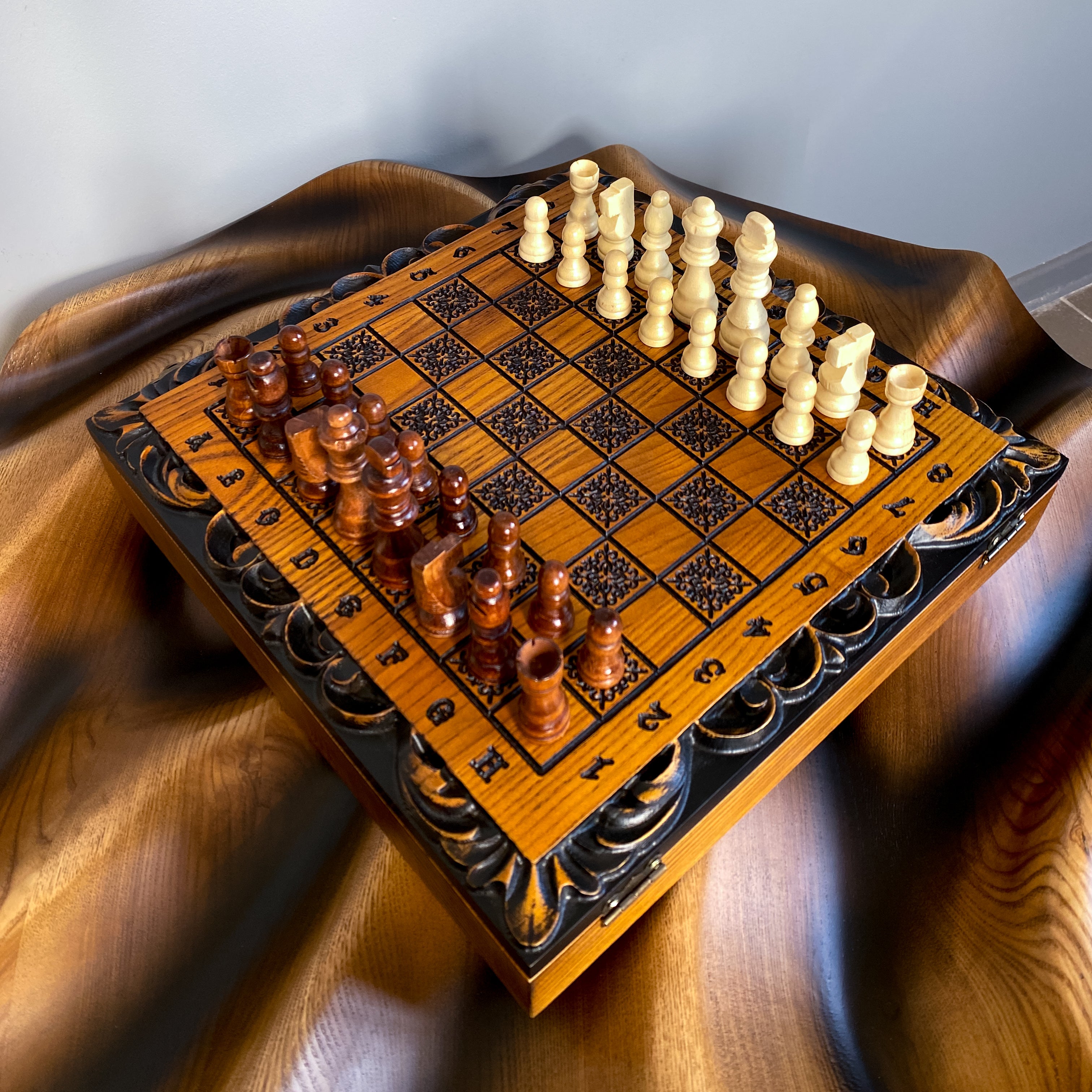 Wooden chess set with carved ash wood board and classic wooden pieces