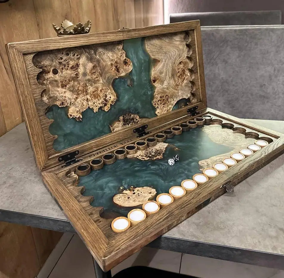 Elegant artisan backgammon board made from natural wood and epoxy resin