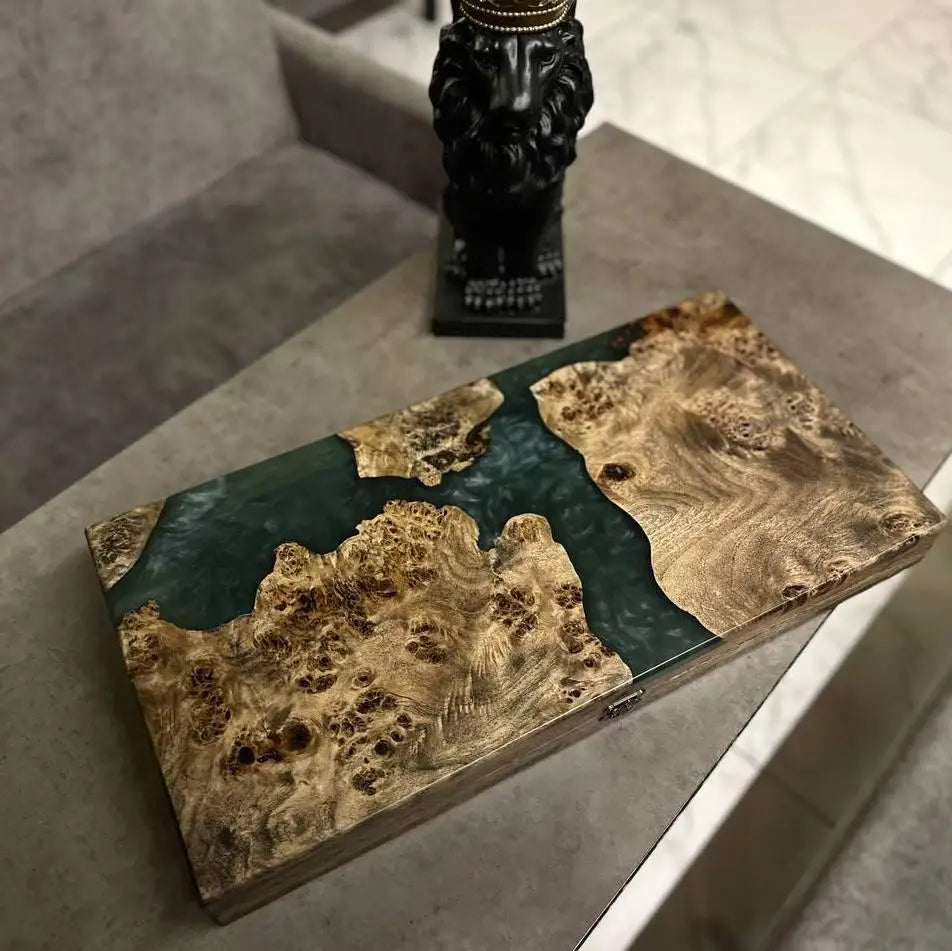 Luxury wooden backgammon board with emerald epoxy resin design