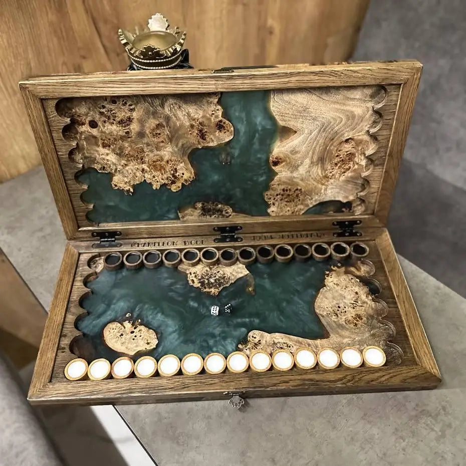 Handmade emerald epoxy wood backgammon set opened for play