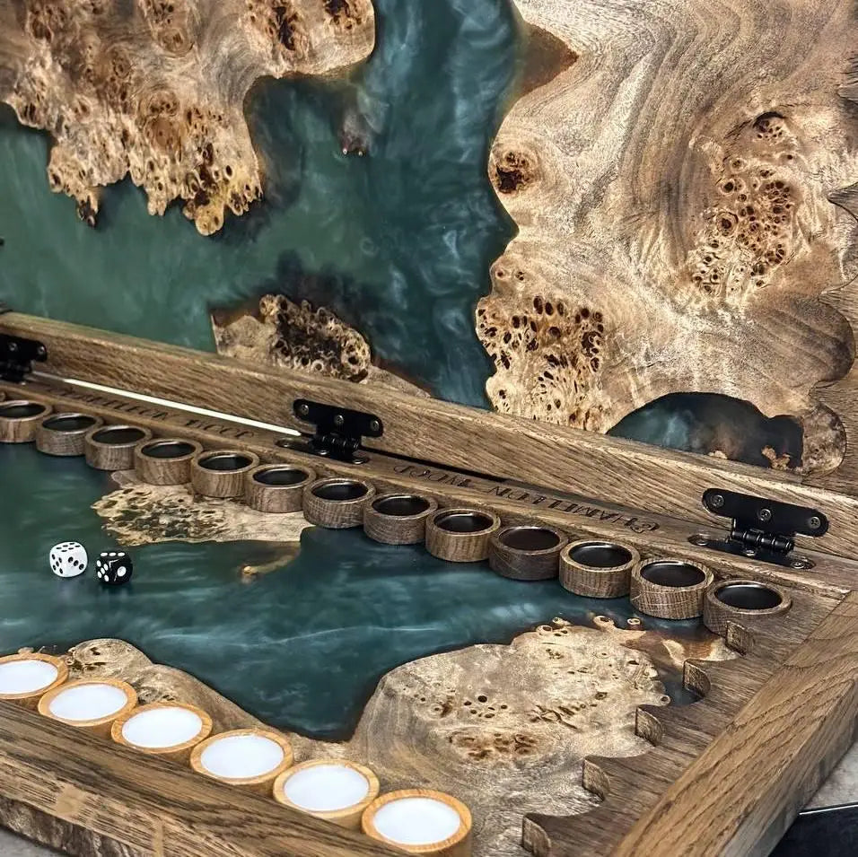 Detailed natural burl wood and emerald resin backgammon surface