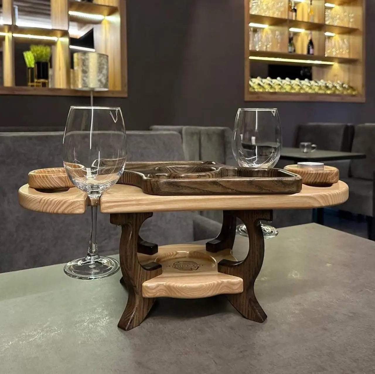 Handmade wooden serving tray with wine glass holders