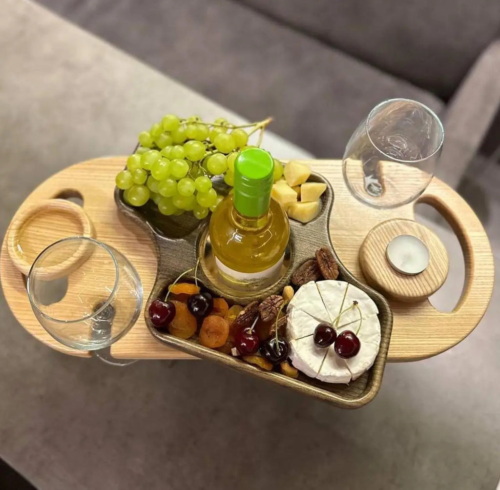Wooden serving tray for wine and cheese