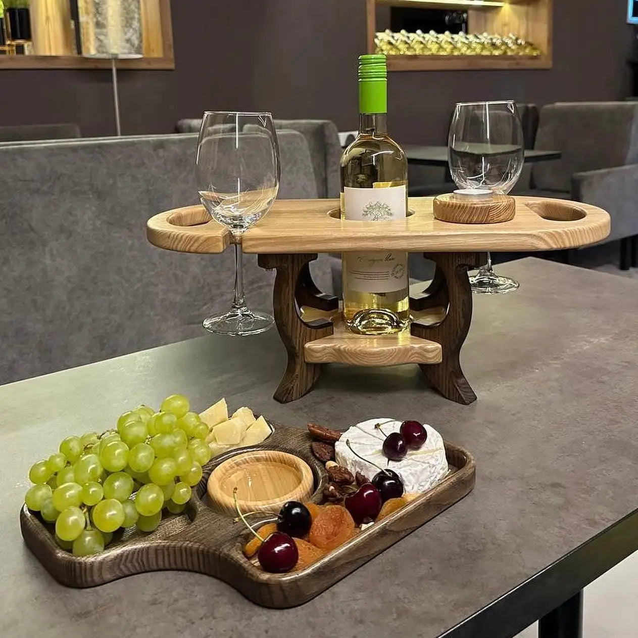 Ash wood serving tray with bottle holder