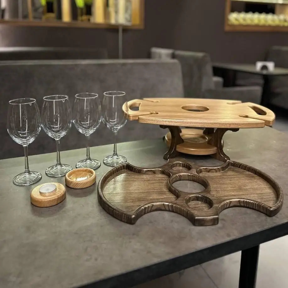 Wooden serving tray for wine and appetizers