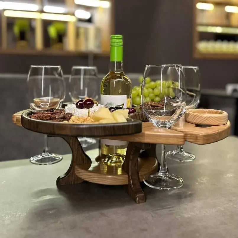 Handmade wooden serving tray with wine bottle holder