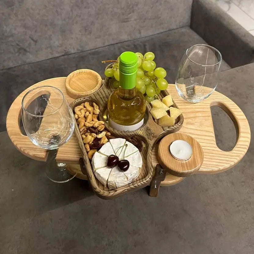 Wooden serving tray for two wine glasses