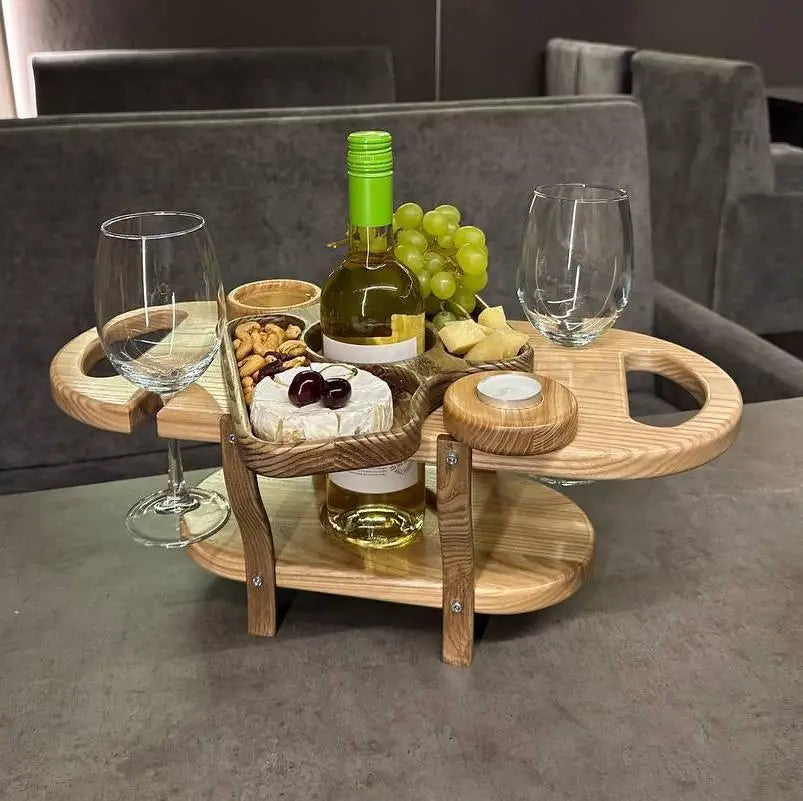 Wooden tray with wine bottle and glass holders