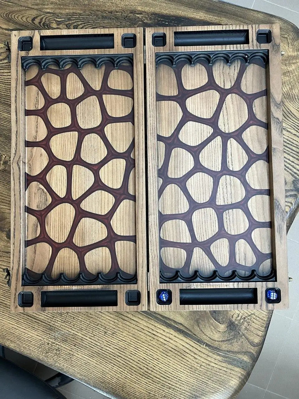 Premium handmade backgammon board with organic epoxy resin design
