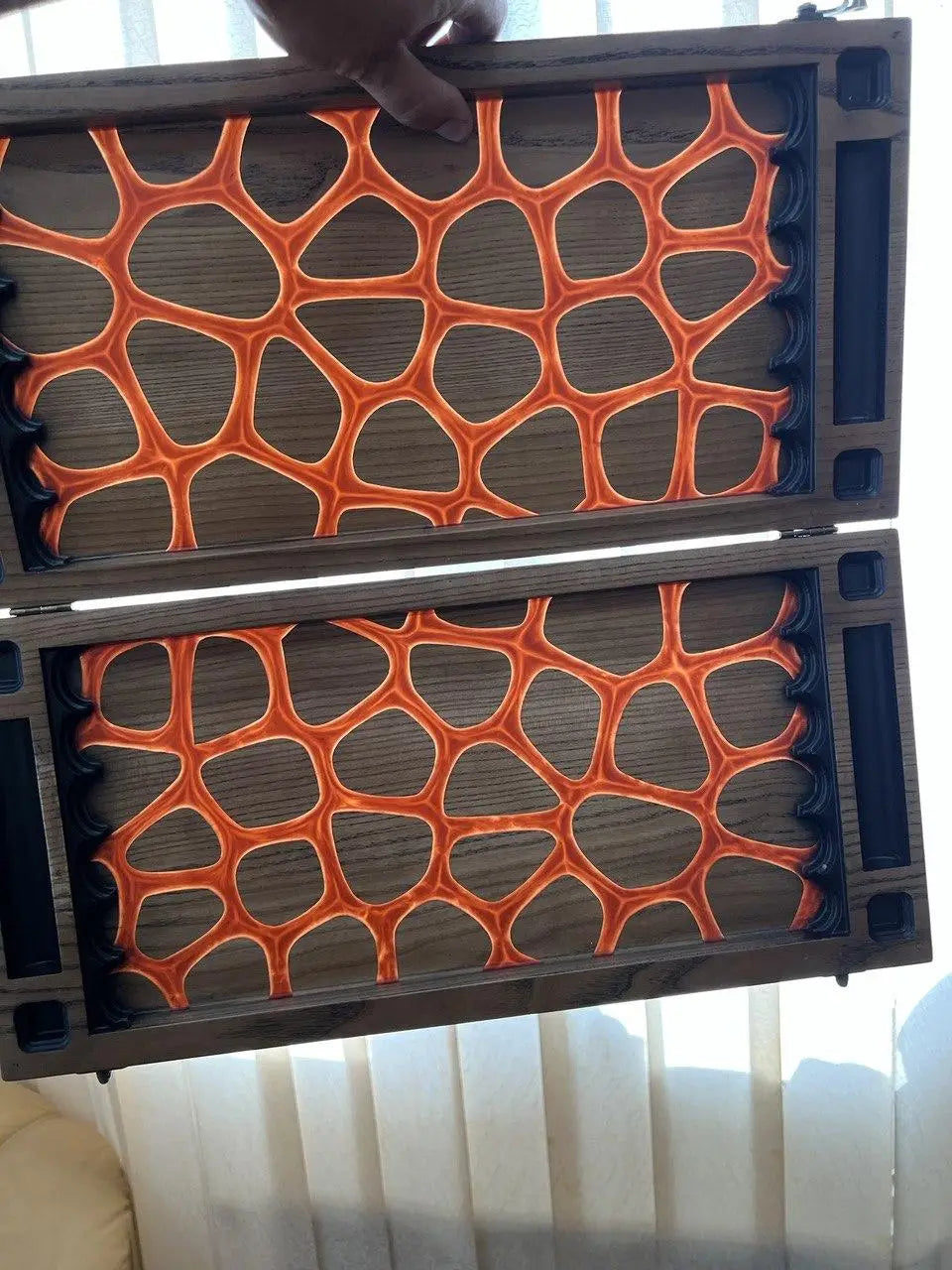 Handmade ash wood backgammon board with red epoxy resin pattern