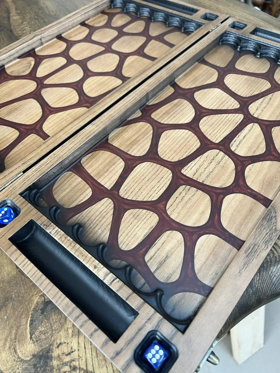Wooden backgammon set with red giraffe abstract epoxy resin design