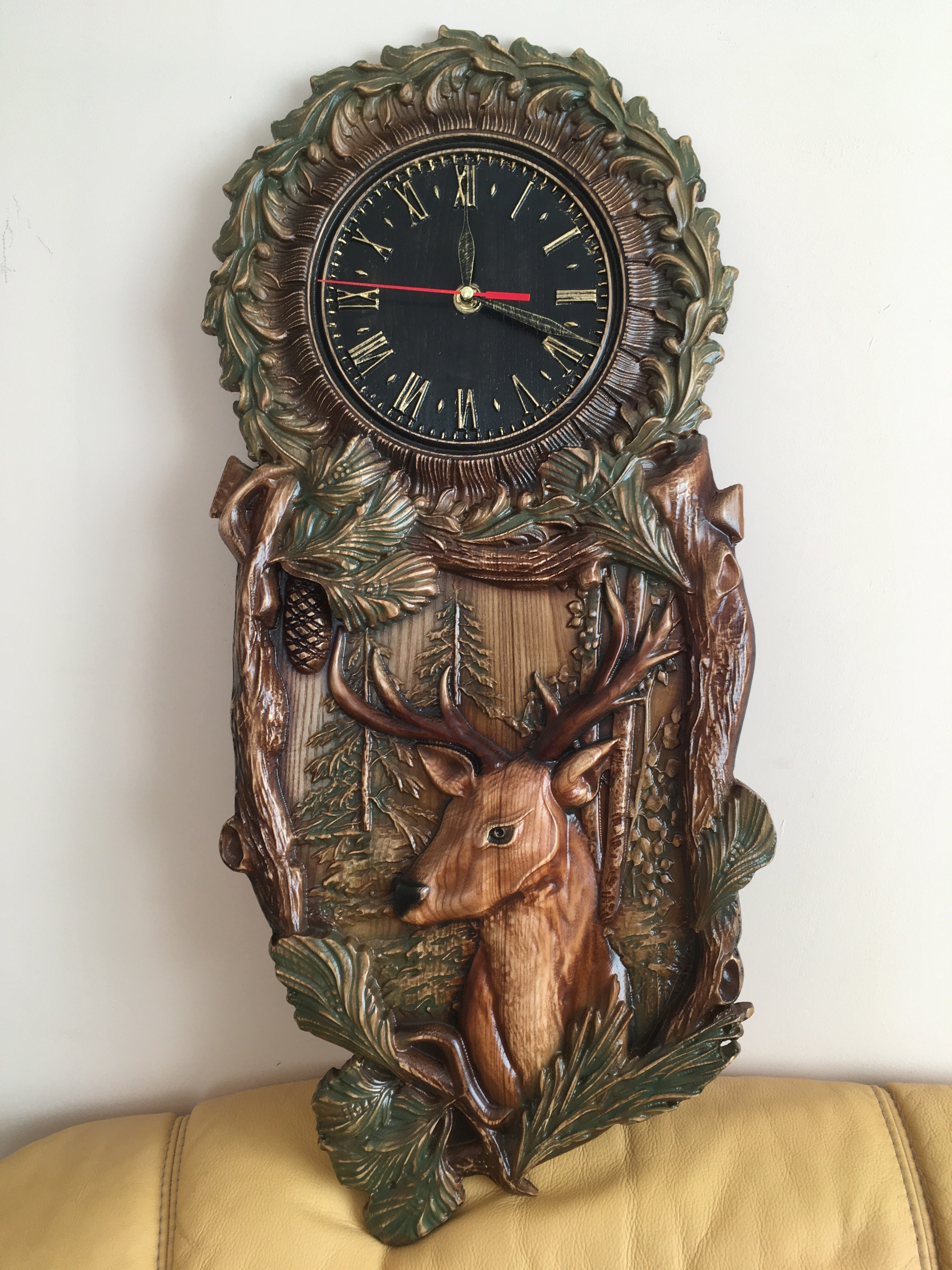 Handcrafted ash wood wall clock with carved deer, hunting themed wooden wall art