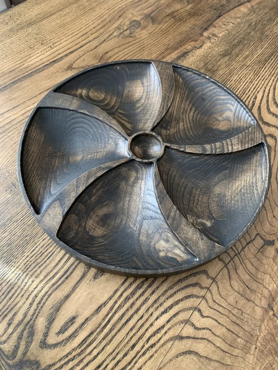 Handcrafted round wooden serving tray with five compartments made of ash wood, natural grain, dark oil finish