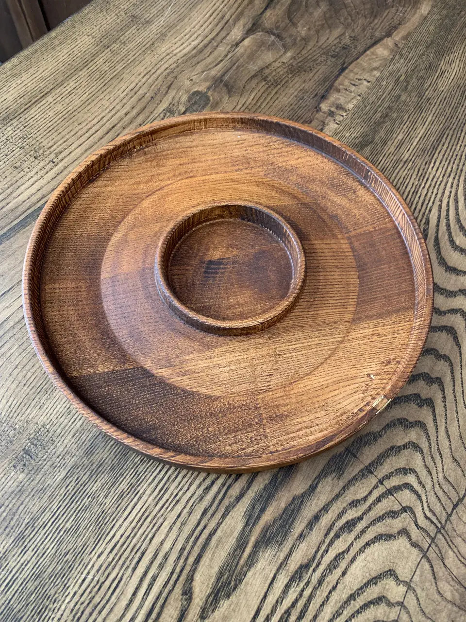 Round wooden serving tray with center bowl made of solid ash wood