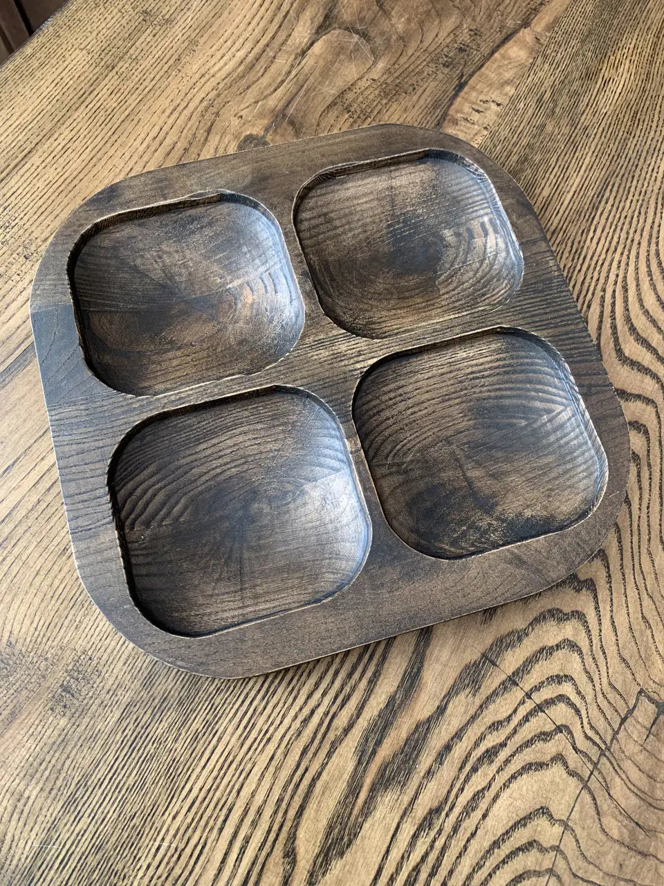 Handcrafted ash wood serving tray with four compartments, natural oil finish
