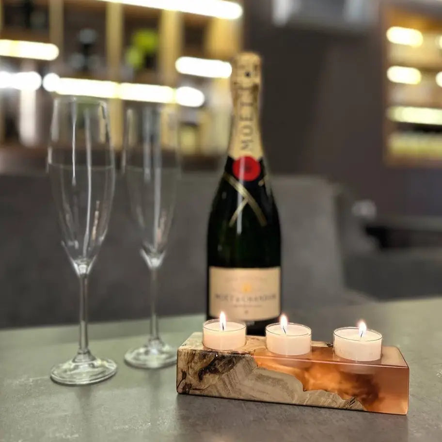 Natural wood candlesticks with epoxy resin for three tealights