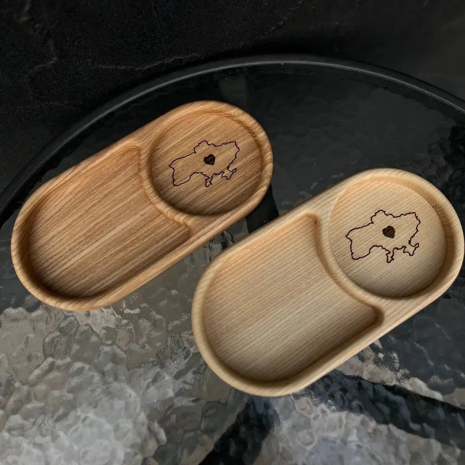 Wooden coffee serving tray with cappuccino and cookies