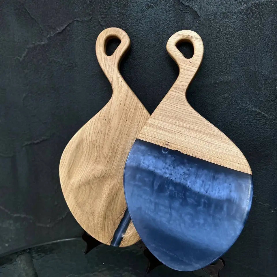 Artisan charcuterie board set made from natural wood and epoxy resin