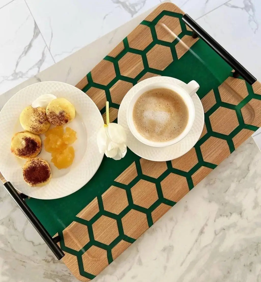 Handmade wooden breakfast tray with honeycomb pattern