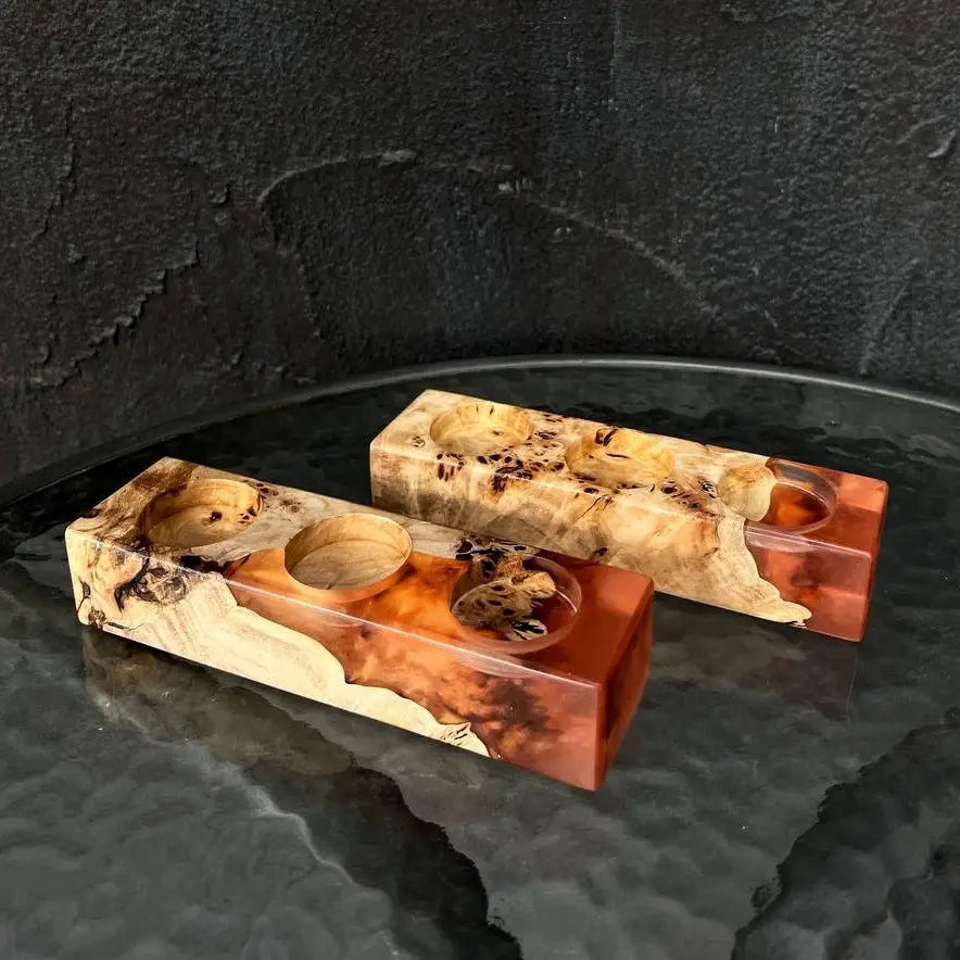 Wooden candlesticks with three tealight candles for home décor