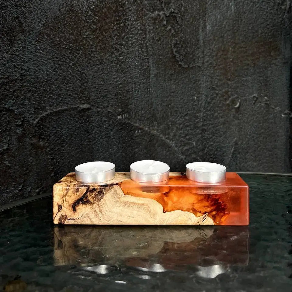 Epoxy resin wooden candle holder with three tealight candles