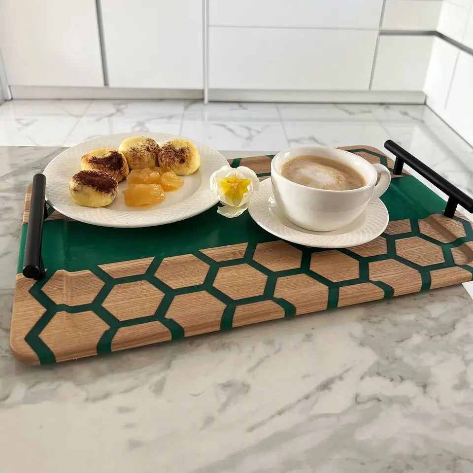 Ash wood breakfast tray with green resin design