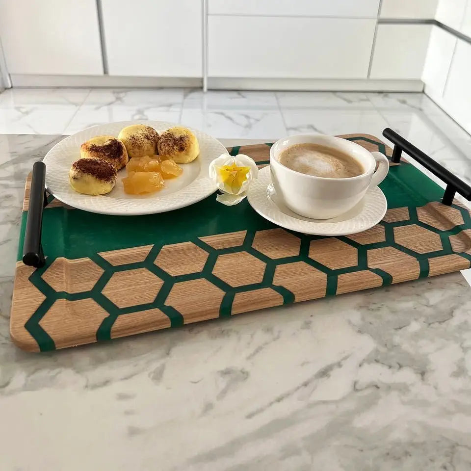 Wooden coffee serving tray with side handles