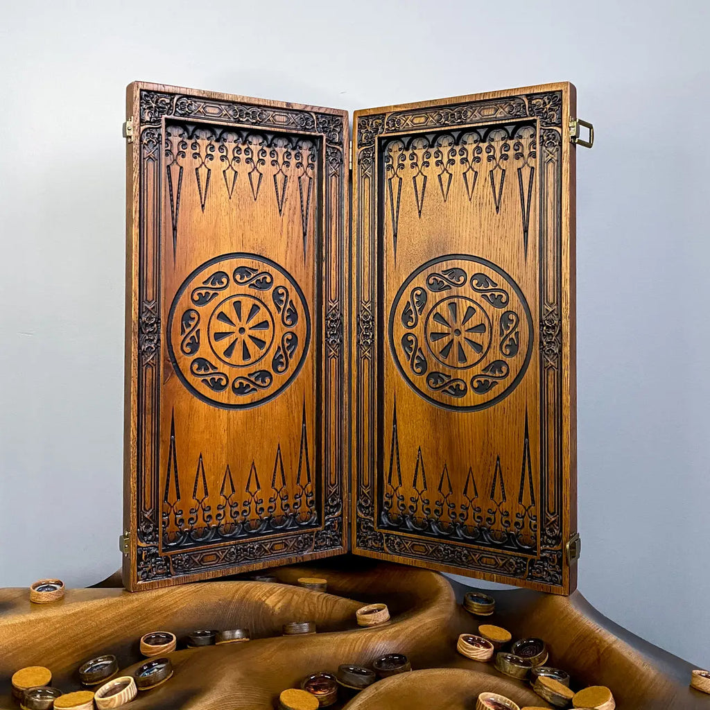Hand-carved Viking themed backgammon board made from natural ash wood