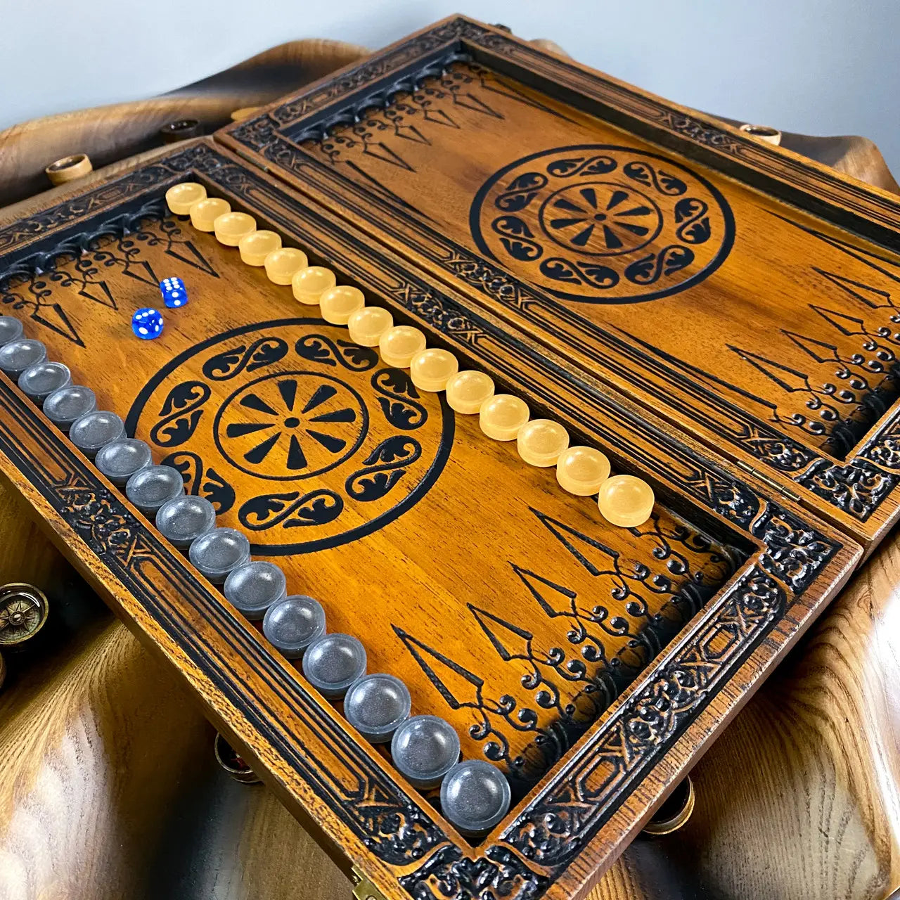 Luxury wooden backgammon board with carved decorative pattern