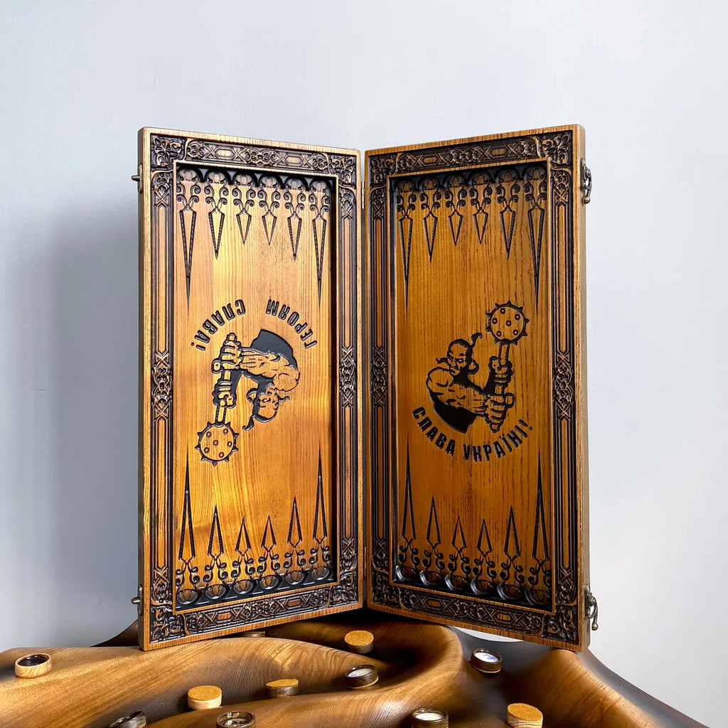Close-up of carved Bogatyr warrior and horse on backgammon board