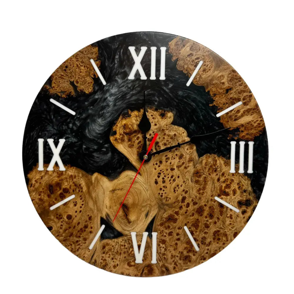 Natural burl wood wall clock with black resin design